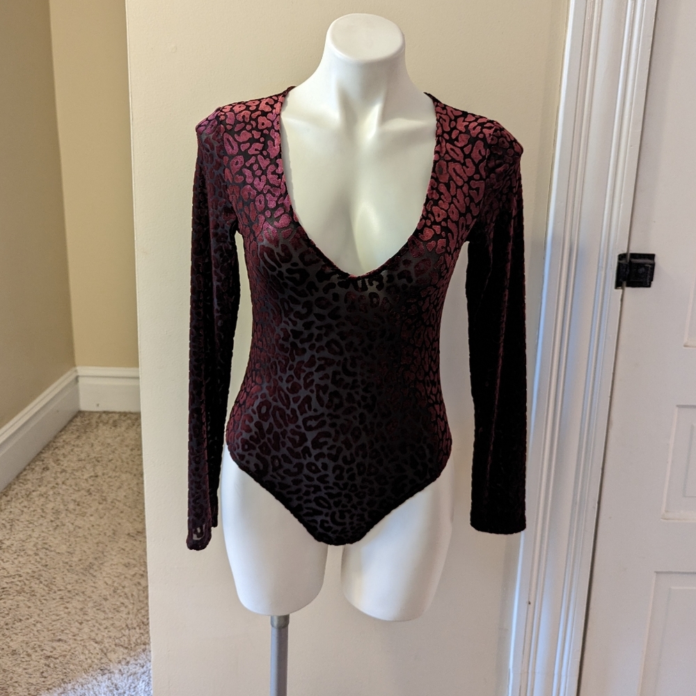 Forever maroon and black slightly sheer deep V bodysuit size L